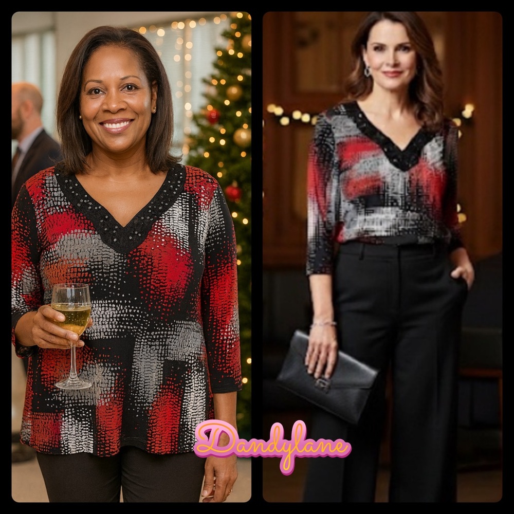 Alfred Dunner sequin Neckline Red Black Gray White Pattern Top  Petite Medium